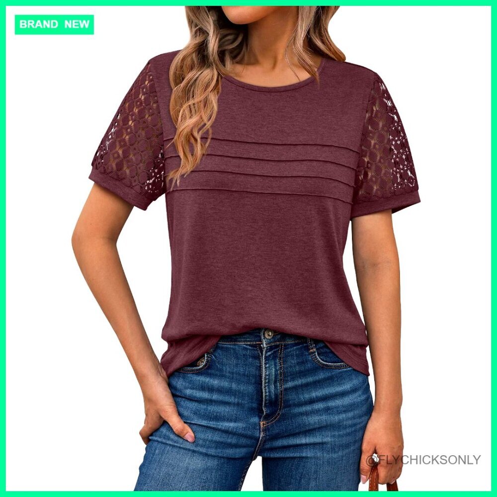 Short Sleeve Lace Blouse, Crewneck T-Shirt, Business Casual Top